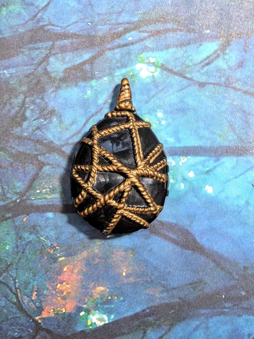 1990's Vintage Artisan Made Jet Black Glass Teardrop Painted Gold Rope Pendant